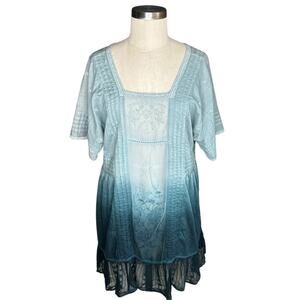 HOLDING HORSES‎ Blue Ombre Embroidered Pleated Tunic Blouse Mini Dress Size Med